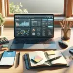 modern desk with laptop showing webshop analytics dashboard, smartphone checkout screen, notebook and sticky notes for ecommerce marketing tips