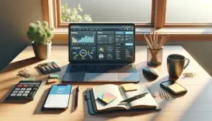 modern desk with laptop showing webshop analytics dashboard, smartphone checkout screen, notebook and sticky notes for ecommerce marketing tips