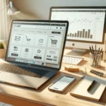 laptop with shopify-style store dashboard and phone checkout screen on desk, with analytics chart and shipping boxes for conversie verhogen