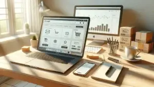 laptop with shopify-style store dashboard and phone checkout screen on desk, with analytics chart and shipping boxes for conversie verhogen