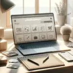 moderne bureauplek met laptop met ecommerce dashboard, smartphone winkelwagen, pakketten en notitie met 8 stappen om meer webshopklanten aan te trekken