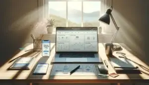 modern desk with laptop checkout page, smartphone heatmap and tablet session analytics, wireframes and notes for ux testing and more leads