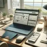 laptop and smartphone on a desk show ux testing wireframes and accessibility checklist with contrast card and magnifier in daylight home office