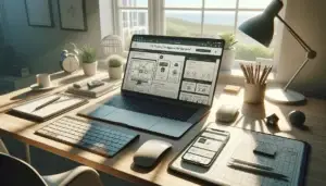 laptop and smartphone on a desk show ux testing wireframes and accessibility checklist with contrast card and magnifier in daylight home office
