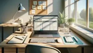 modern desk with laptop and smartphone showing accessibility ux testing features like focus outlines, high contrast, large text and tab key navigation
