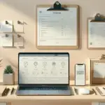 moderne werkplek met laptop en checklist voor beste ecommerce platform kiezen voor je webshop, plus smartphone winkelwagen en pakketje