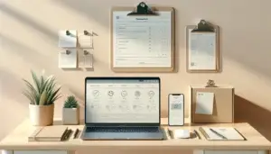 moderne werkplek met laptop en checklist voor beste ecommerce platform kiezen voor je webshop, plus smartphone winkelwagen en pakketje