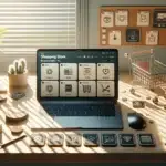 flat lay of laptop and phone with personalized webshop dashboard, parcel, privacy padlock, cookie toggle and 7 sticky tabs on desk