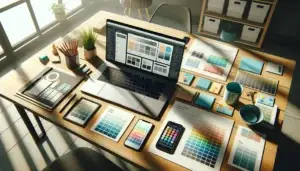 scandinavian desk with laptop and smartphone showing ui mockup, color swatches and style guide illustrating kleurpsychologie in webdesign for trust and conversie