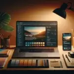 laptop and smartphone showing a website in dark mode with a dark/light toggle, on a desk with wireframes and color swatches at night