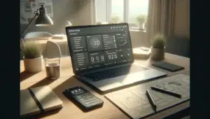 laptop on wooden desk showing ux motion design animation timeline and performance metrics, with easing curve notes and smartphone ui toggle