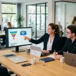 Twee ondernemers bespreken achter een laptop de conversie optimalisatie van hun vernieuwde website.