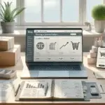 moderne bureau met laptop met webshop dashboard, checklist en grafiek, plant en verzenddoos voor eCommerce platform kiezen en groei