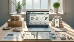 moderne bureau met laptop met webshop dashboard, checklist en grafiek, plant en verzenddoos voor eCommerce platform kiezen en groei