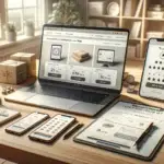 laptop with webshop product page, tablet checkout and phone a/b test graph on desk with checklist of 7 ticks and package for conversie verhogen