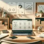 modern desk with laptop showing generic webshop dashboard, comparison notes and boxes, illustrating ecommerce platform kiezen for growth