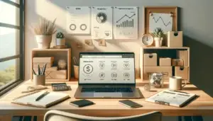 modern desk with laptop showing generic webshop dashboard, comparison notes and boxes, illustrating ecommerce platform kiezen for growth
