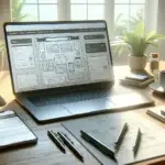 laptop and smartphone showing website wireframes with clickable highlights, heatmap sheet and checklist for ux testing on a desk in morning light
