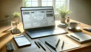 laptop and smartphone showing website wireframes with clickable highlights, heatmap sheet and checklist for ux testing on a desk in morning light