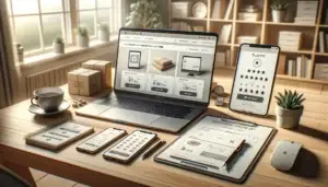 laptop with webshop product page, tablet checkout and phone a/b test graph on desk with checklist of 7 ticks and package for conversie verhogen