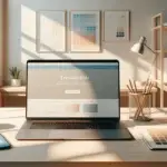 minimalistische werkplek met laptop ui in blauwe header en oranje cta, kleurstalen en wireframes voor kleurpsychologie in webdesign, vertrouwen en conversie