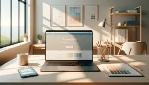 minimalistische werkplek met laptop ui in blauwe header en oranje cta, kleurstalen en wireframes voor kleurpsychologie in webdesign, vertrouwen en conversie