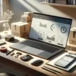 houten bureau met laptop en smartphone met ecommerce dashboard en checkout, plus tools voor meer webshopklanten aantrekken stappen