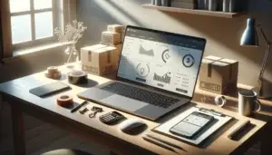 houten bureau met laptop en smartphone met ecommerce dashboard en checkout, plus tools voor meer webshopklanten aantrekken stappen