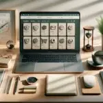 wooden desk with laptop on generic wordpress admin dashboard, ten plugin option tiles, coffee and plant, calming hourglass for ecommerce keuzes zonder stress