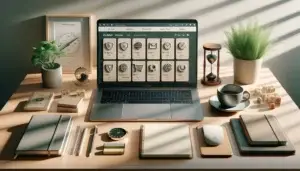 wooden desk with laptop on generic wordpress admin dashboard, ten plugin option tiles, coffee and plant, calming hourglass for ecommerce keuzes zonder stress