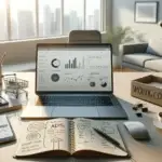 modern desk with laptop showing ecommerce analytics, phone checkout screen, marketing notes, and parcel box for webshop groei lessons