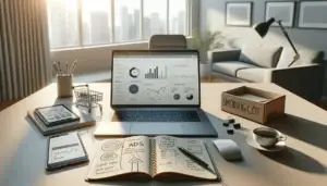 modern desk with laptop showing ecommerce analytics, phone checkout screen, marketing notes, and parcel box for webshop groei lessons