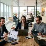 Twee ondernemers bekijken het resultaat na het toepassen van de beste website design tips op hun laptop.