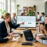 Een ondernemer en webdesigner werken samen aan een ai seo strategie voor betere online zichtbaarheid.