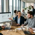 Een ondernemer en specialist kijken samen naar een laptop om de conversie optimalisatie van een website te bespreken.