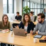 Twee ondernemers bekijken op een laptop de mogelijkheden voor een professionele website laten maken.