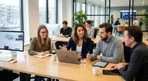 Twee ondernemers bekijken op een laptop de mogelijkheden voor een professionele website laten maken.