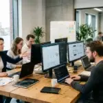 Twee ondernemers bekijken samen een ontwerp op de laptop tijdens het proces van een professionele website laten maken.