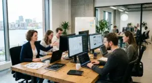 Twee ondernemers bekijken samen een ontwerp op de laptop tijdens het proces van een professionele website laten maken.
