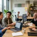 Twee ondernemers bespreken het ontwerp en de strategie tijdens het traject van een webshop laten maken.