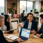 Een ondernemer en webdesigner werken samen achter een laptop aan het webshop optimaliseren voor meer conversie.