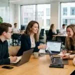 Een webdesigner en ondernemer bespreken het strategische website kleurgebruik aan de hand van kleurstalen en een ontwerp op de laptop.